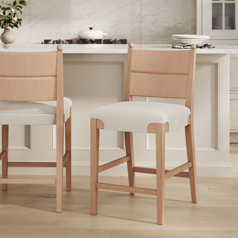 Tabouret de bar en chêne brut avec dossier tressé en jonc de mer et siège rembourré, Boucle / chêne brut, 1