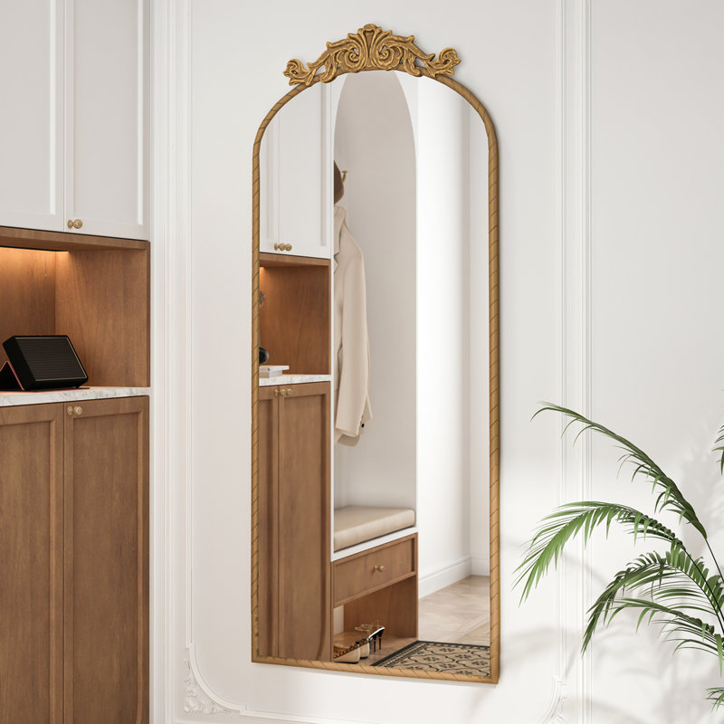 58"X24" Arched Full Body Mirror With Vintage Ornate Carved Applique On Top, Hanging Wall Mounted Mirror, For Living Room Bedroom Retro Home Decor Mirror