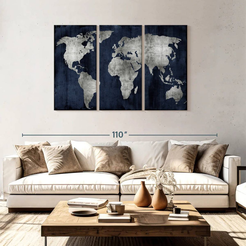 Aliaz The World - Argent sur bleu, H 48 po x l 74 po