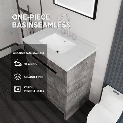 Meuble-lavabo autoportant de 76 cm avec lavabo, porte à fermeture amortie, comptoir et dosseret en marbre synthétique blanc de Carrare de 5 cm, contreplaqué