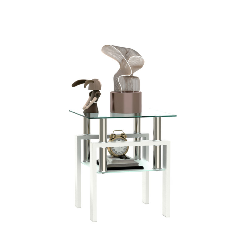 1-Piece Modern Tempered Glass Tea Table Coffee Table End Table, Square Table For Living Room, Transparent, White, 1
