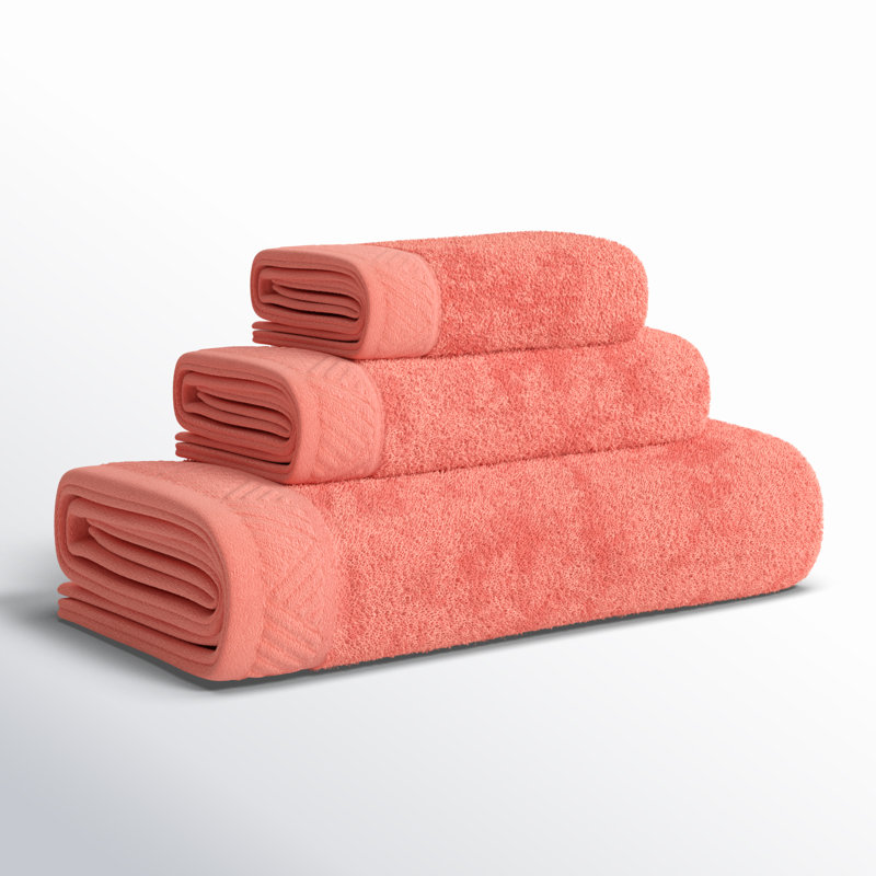 Olender Certified Egyptian Cotton Medium Weight Textured Soft Absorbent Solid 3 Piece Assorted Bathroom Towel Set, Coral