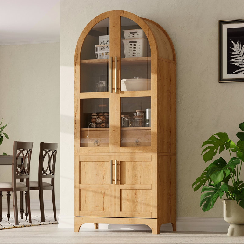 71" Tall Arched Kitchen Pantry Cabinet With Door Shelves, Farmhouse Kitchen Storage Cabinet With Open & Adjustable Shelves, Hidden Drawer & Glass Door, Cupboard For Kitchen, Dining Room
