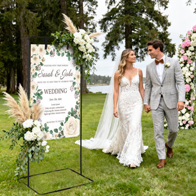 Adjustable Black Metal Sign Stand for Weddings & Events, Modern Easel with 4 Faux Leather Straps