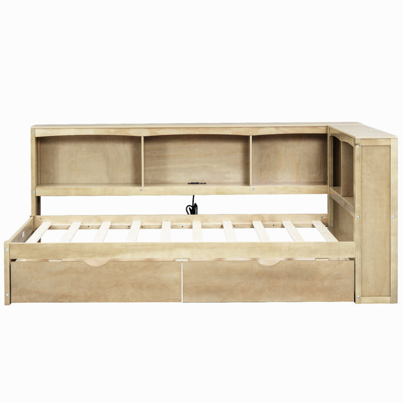 Lit de jour simple avec deux tiroirs de rangement, armoires de rangement et ports USB, couleur naturelle, Bois