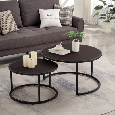 Round Leather Coffee Table Set Of 2 Living Room Modern Faux Nesting Coffee Table With Black Metal Base Accent Tea Table