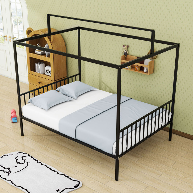 Metal Bed Frame With Fence, Black, Full