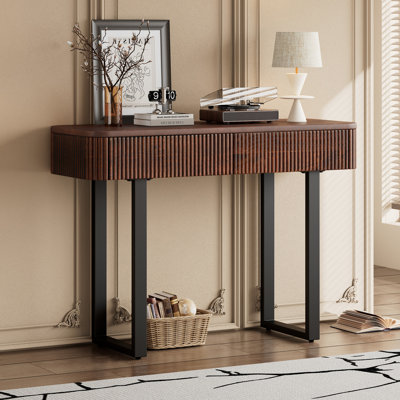 Solid Wood Entryway Table with Fluted Design, Modern Minimalist Console Table with Storage, Narrow Sofa Table with Metal Legs for Entryway Hallway Living Room(Honey+Black)