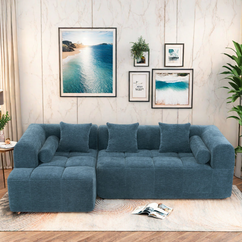 Boneless 2 - Piece Upholstered Sectional With Pillows, No Assembly Required Free Combination Sofa, Blue Chenille