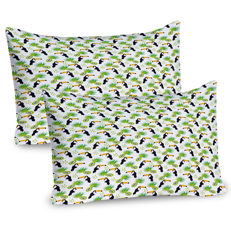 Ambesonne Tropical Pillow Sham 2 Pack Toucan and Palm Pattern Green Black and Orange, 20"H x 30"W