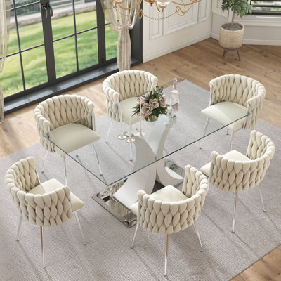 Modern Luxtury Rectangle Dining Table Set,Tempered Glass Dining Table with Velvet Dining Chair for Dining Room