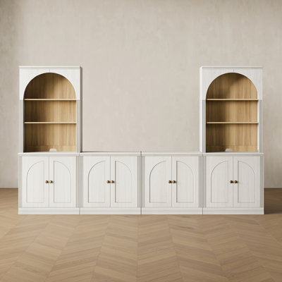 Monos Modern Modular Food Pantry with Hinge Door Low Cabinets and Tall Square Storage Hutches, White