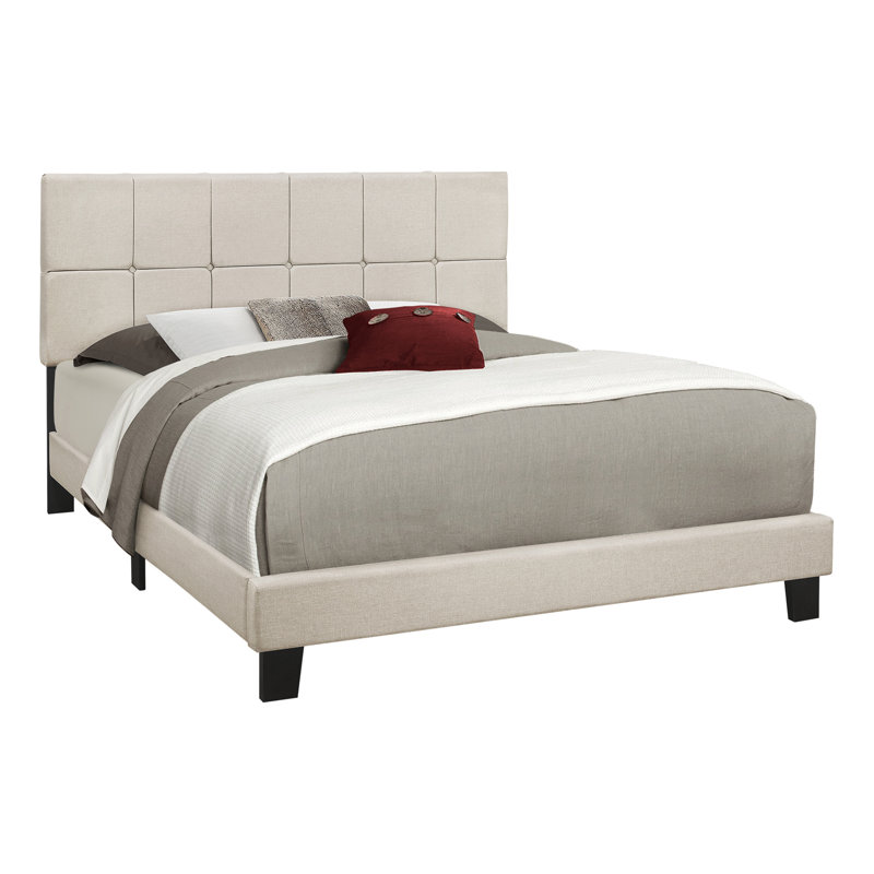 Lit, grand lit, tapissier, aspect lin beige, pieds en bois noir, transitionnel