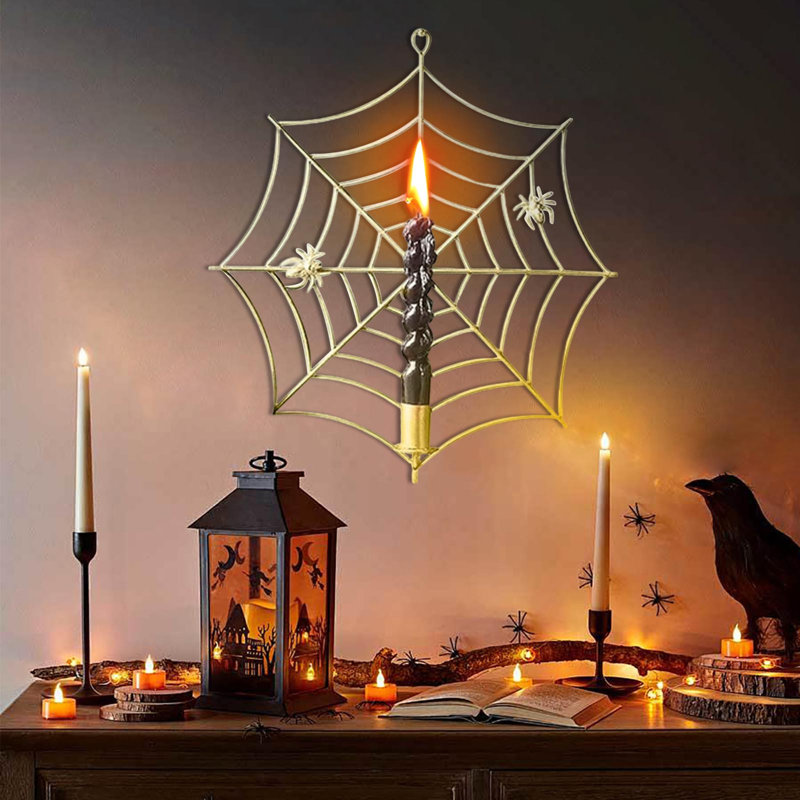 Ornement porte-bougies Halloween SpiderWeb, Doré