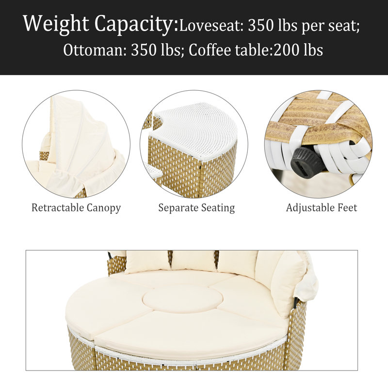 Patio Furniture Round Outdoor Sectional Sofa Set Rattan Daybed Two-Tone Weave Sunbed With Retractable Canopy, Separate Seating And Removable Cushion