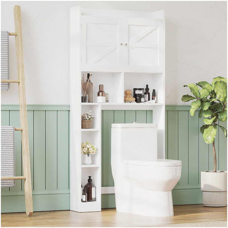 Armoire de rangement au-dessus de la toilette avec tablette réglable, économiseur d'espace de salle de bain avec portes doubles et tablettes ouvertes, support de rangement de toilette autoportant pour le rangement de la salle de bain - Blanc