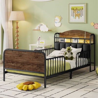 Structure de lit plateforme simple en métal avec lumière, lit simple en métal pour enfants avec tête de lit tapissier et rangement
