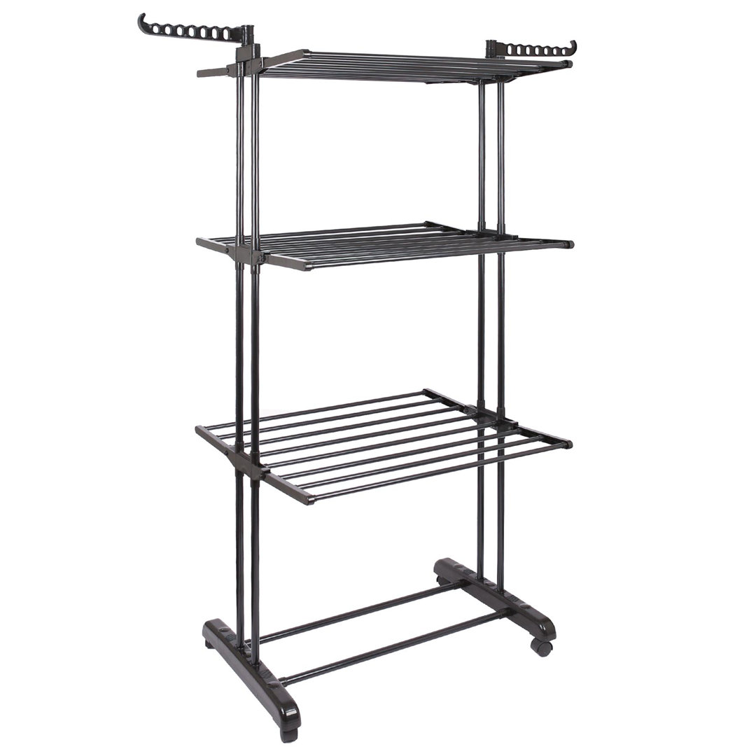 Harbour Housewares Folding Metal Wheeled Clothes Airer - 4-Tier - Black, Compact Foldable Laundry Rack, Shoe Rack & Hanger Hooks, Durable Powder-Coated Steel - Image 8