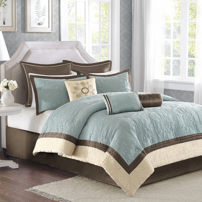 Deborah 9-Piece Charmeuse Comforter Set, Blue, Queen Comforter + 8 Additional Pieces