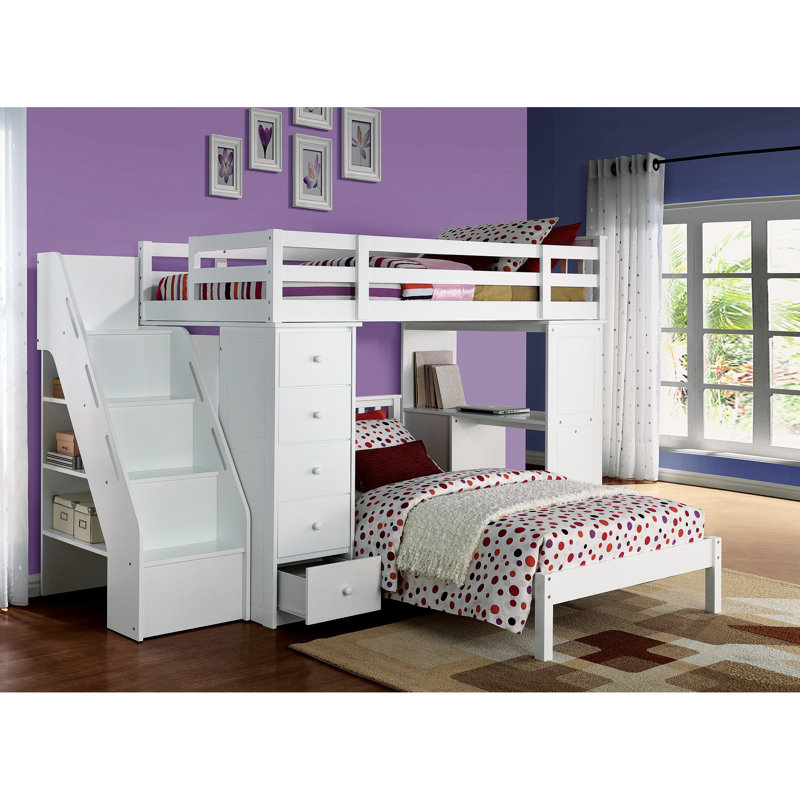 Lit mezzanine simple avec 5 armoires blanches - Rangement organisé et 3 bureaux