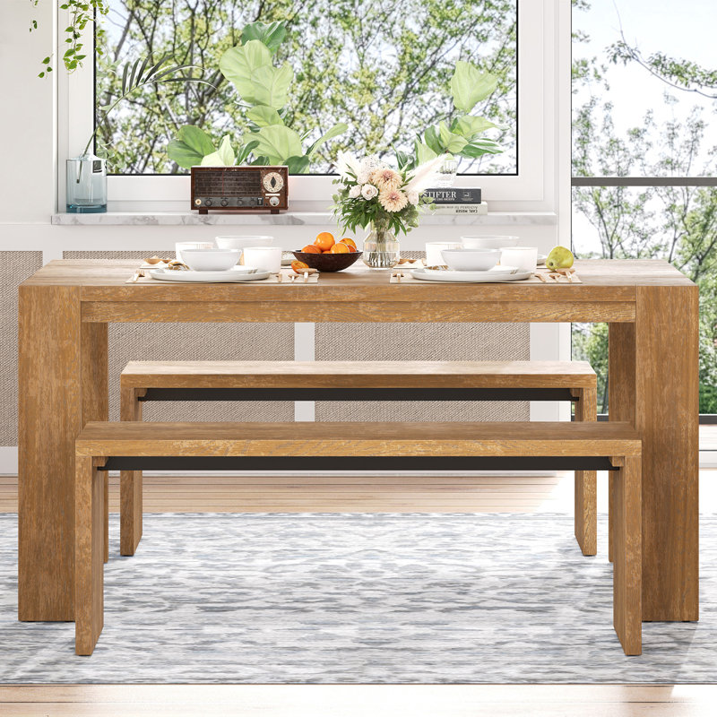 3-piece Dining Set Contains 2 Benches, Natural Wood Wash