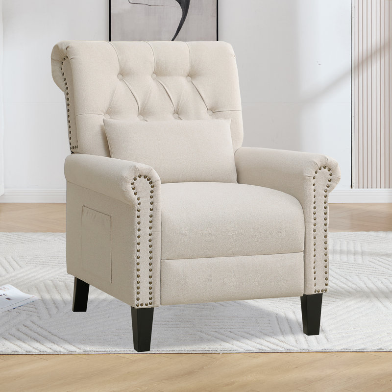 30" W Classic And Upholstered Soft Pushback Recliner With Rivets, Khaki