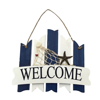 Welcome On Picket Fence Boards With Starfish And Fishing Net Accents Sign