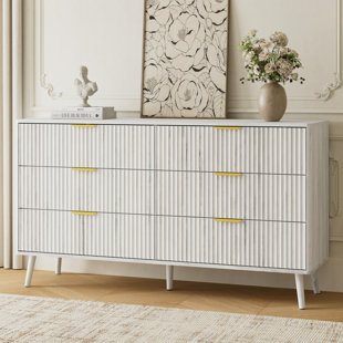 Fluted 6-Drawer Double Dresser For Bedroom, 55.1" Modern Chest Of Drawers With Deep Drawers, Curved Profile Design, Wood Drawer Organizer For Living Room, Hallway, Nursery, Hallway Closet