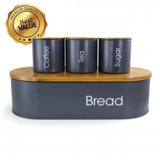 Megachef Bamboo Kitchen Countertop 4 Piece Metal Bread Basket And Canister Set In Grey With Lids