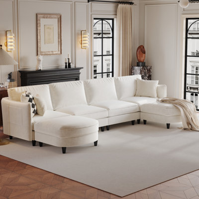 141.5" Wide Polyester 4-Seater Sofa with 2pcs Ottoman – Stain-Resistant, Easy Clean & Space Saving