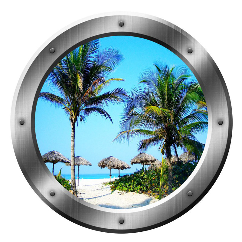 Décalcomanie murale scènes de hublot palm trees, H 14 po x l 14 po x P 0,01 po, Argent
