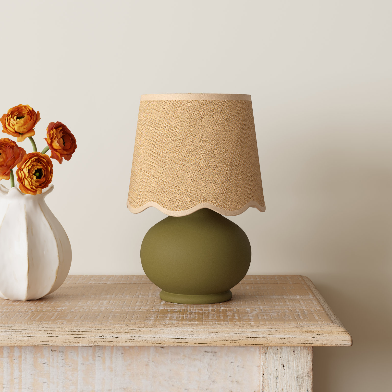 Momsen Scallop Shade Matte Lamp, Green, Natural, 13"H x 8"W x 8"D