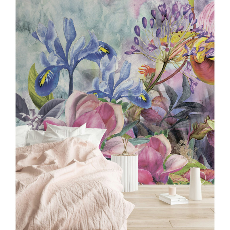 Papier peint aquarelle floral iris et magnolia rose, L 115 po x l 225 po