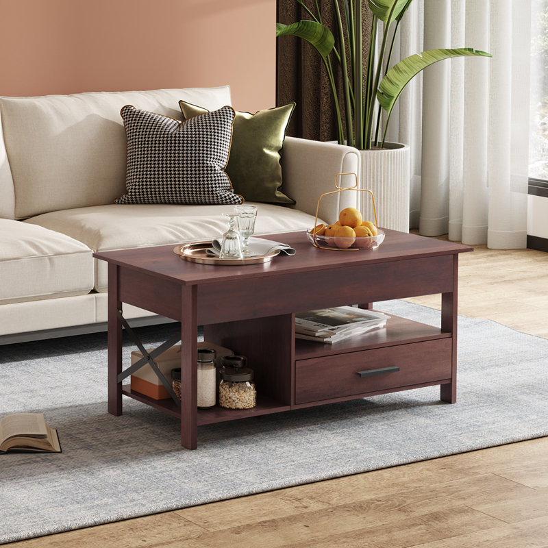 Table basse à plateau relevable de 39 po avec compartiment caché, tiroir de rangement coulissant et tablettes doubles ouvertes, table centrale en bois rustique pour le salon et la salle de réception