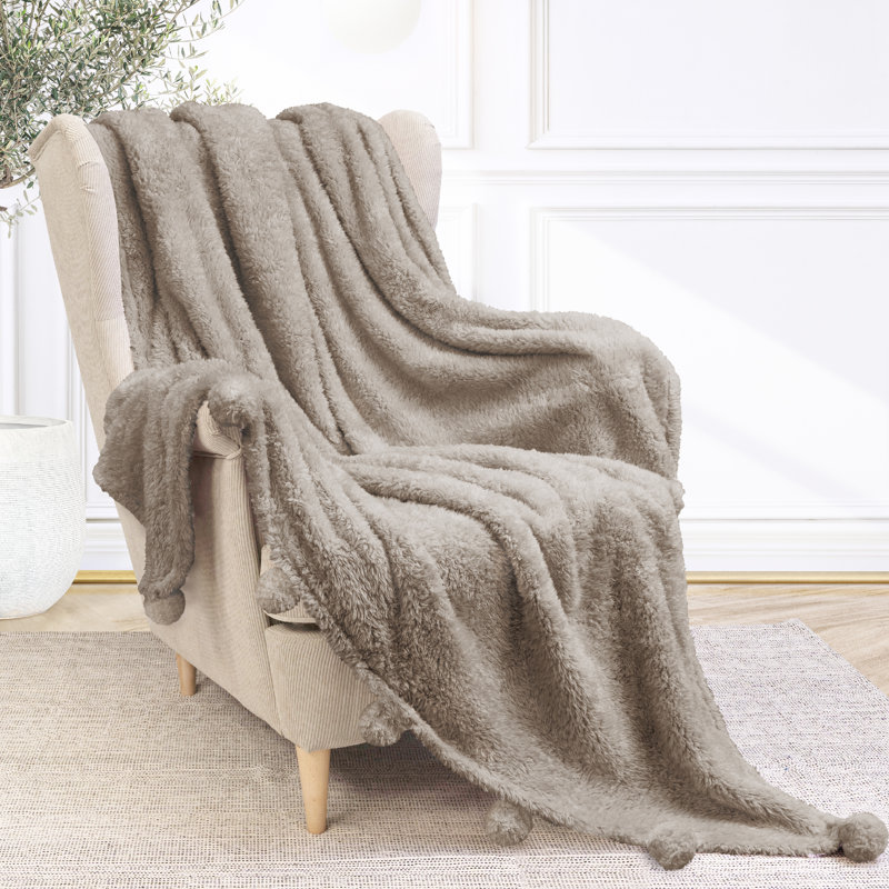Twin Tan Taupe Sherpa Fleece Throw Blanket with Pom-Pom Fringe