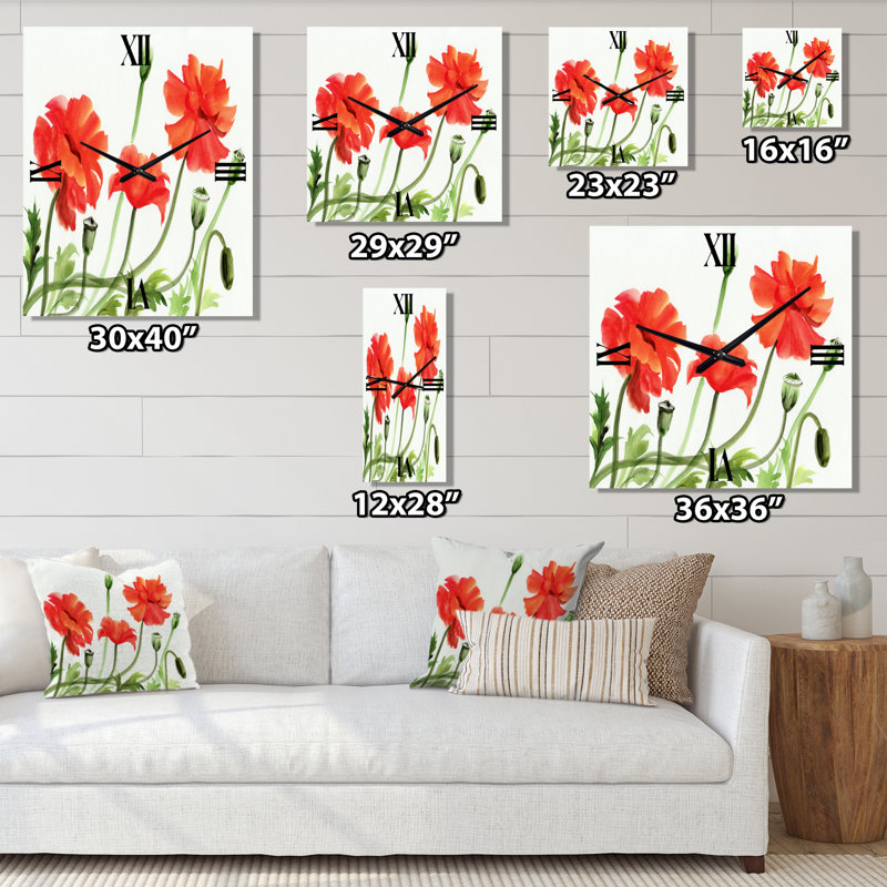 Vintage Red Poppies III - Horloge murale traditionnelle, Grand