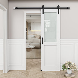 Frosted Glass and Manufactured Wood White Sliding Barn Door with Installation Hardware Kit(No Assembly Required)