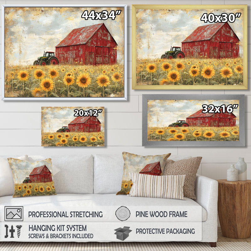 «Doxon Sunflowers And The Tractor Shed III» - Art mural sur toile, tournesols, Reproduction encadrée d'une seule photo