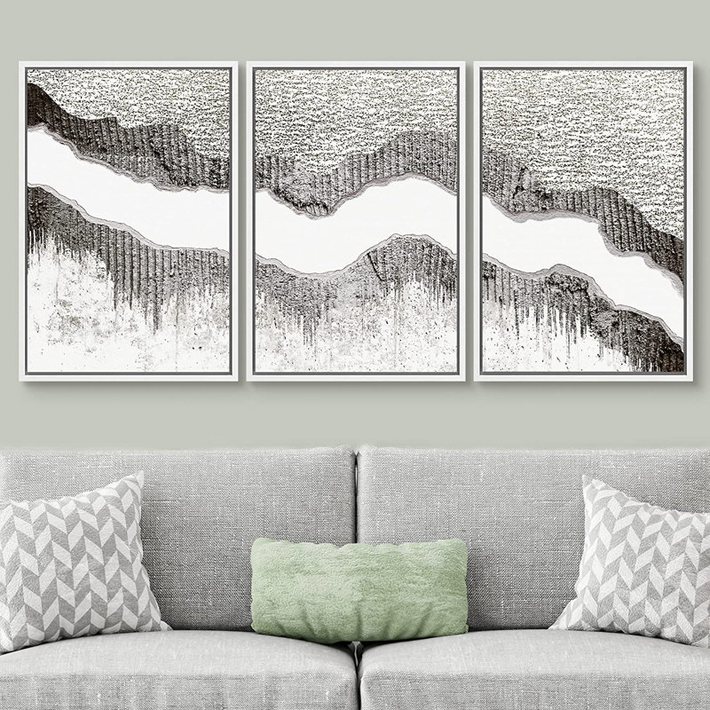 «Geometric Line Paint Stroke Collage Abstract Shapes Illustration», ensemble de 3 peintures sur cadre flottant, Blanc