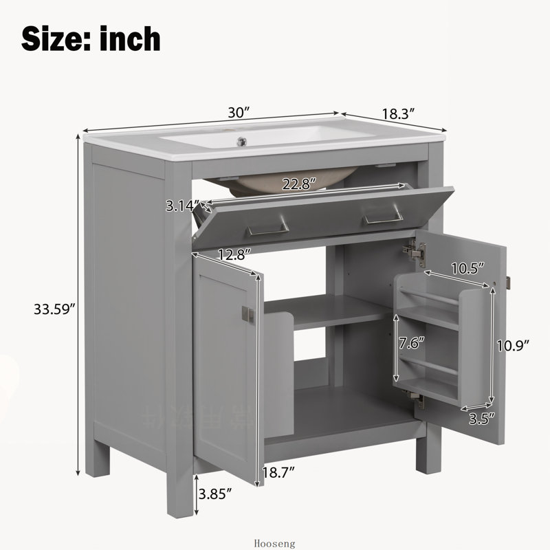 Ensemble de meuble-lavabo gris 60 po avec lavabo double en céramique, tablette réglable, portes à fermeture en douceur et tiroir rabattable 60 po