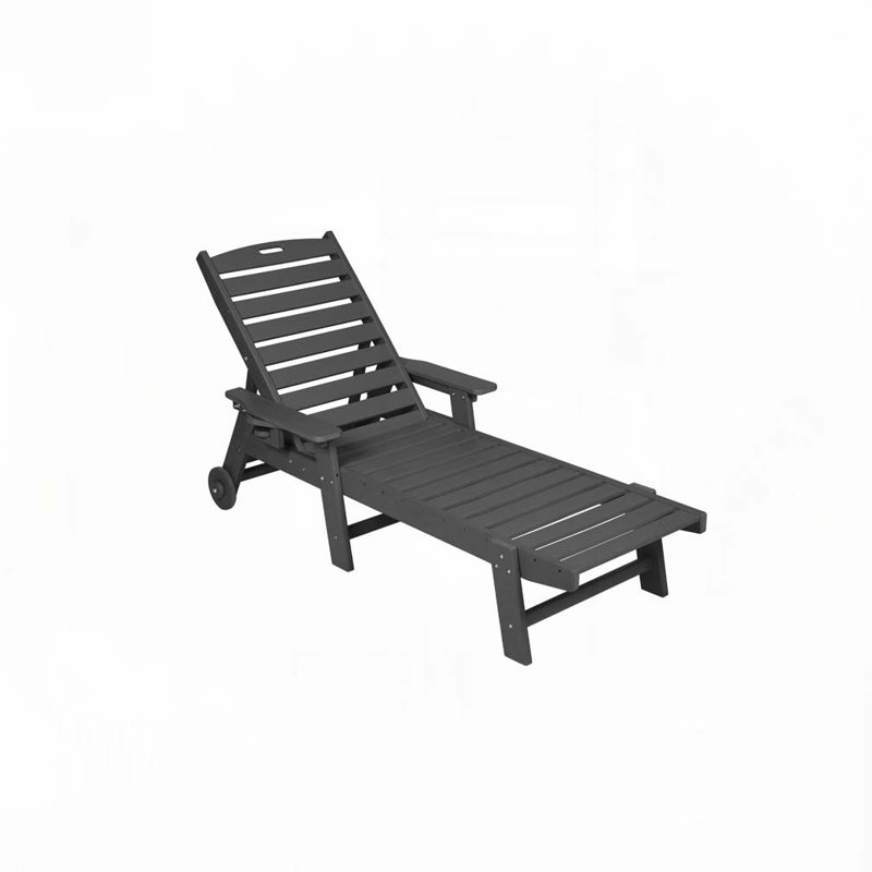 Outdoor HDPE Patio Chaise Lounge Chair with 5 Positions with Wheels & Cup Holder for Pool, Black, Black