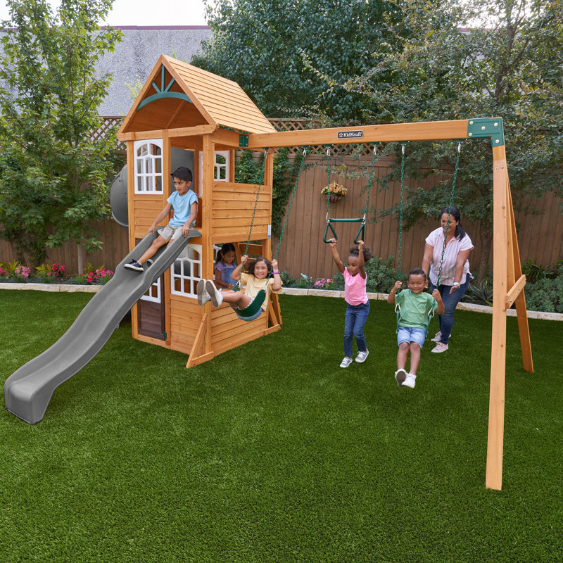 Castlewood Wooden Swing Set, Grey Slide, Gray
