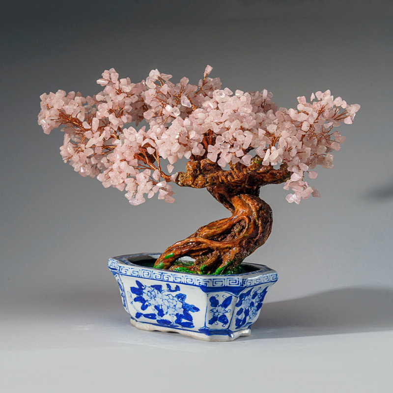 Genuine Rose Quartz Bonsai Tree in Square Ceramic Pot (11")