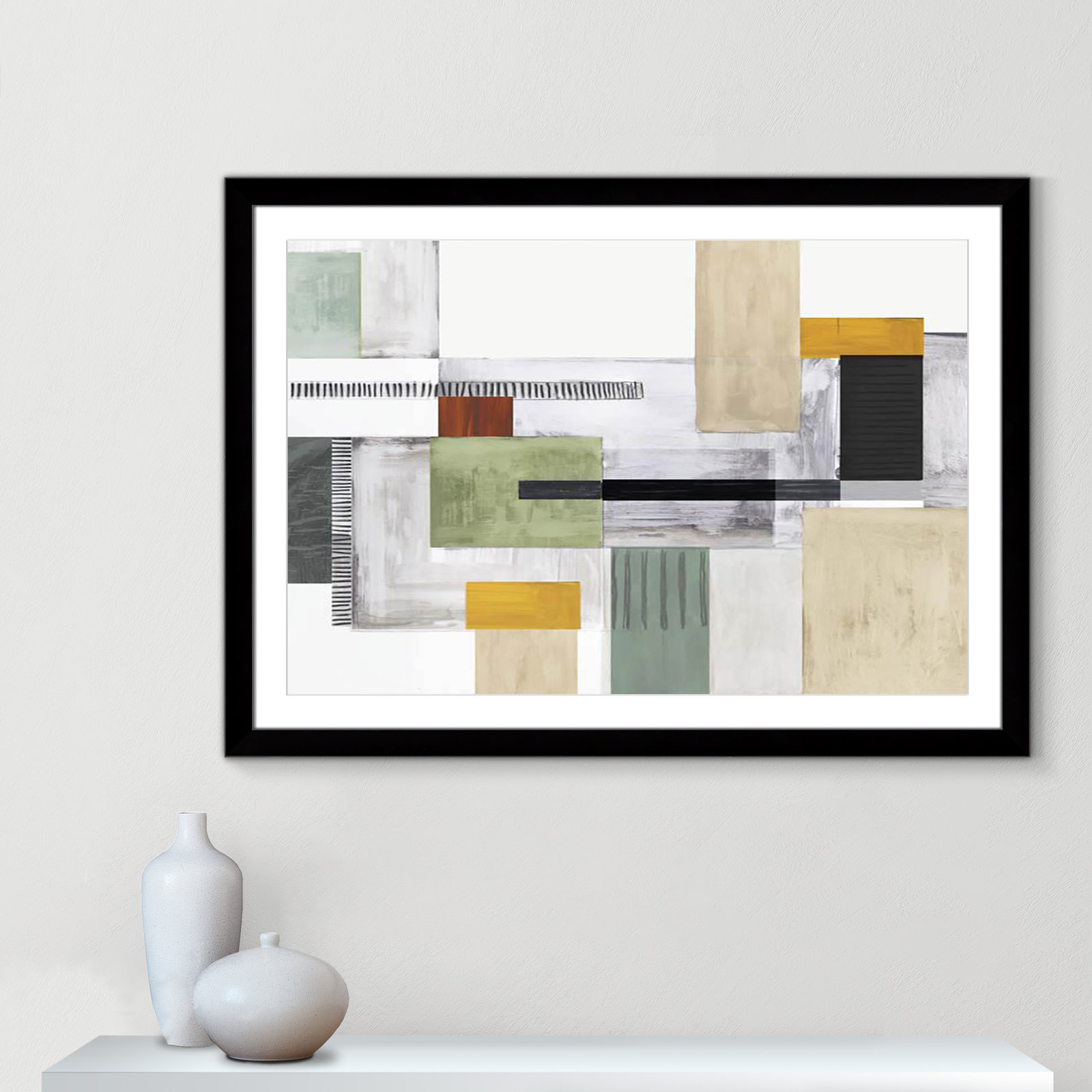 Playful Blocks Print by Tom Reeves, White, Black Cube Picture Framed, 31" H x 43" W x 1.25" D