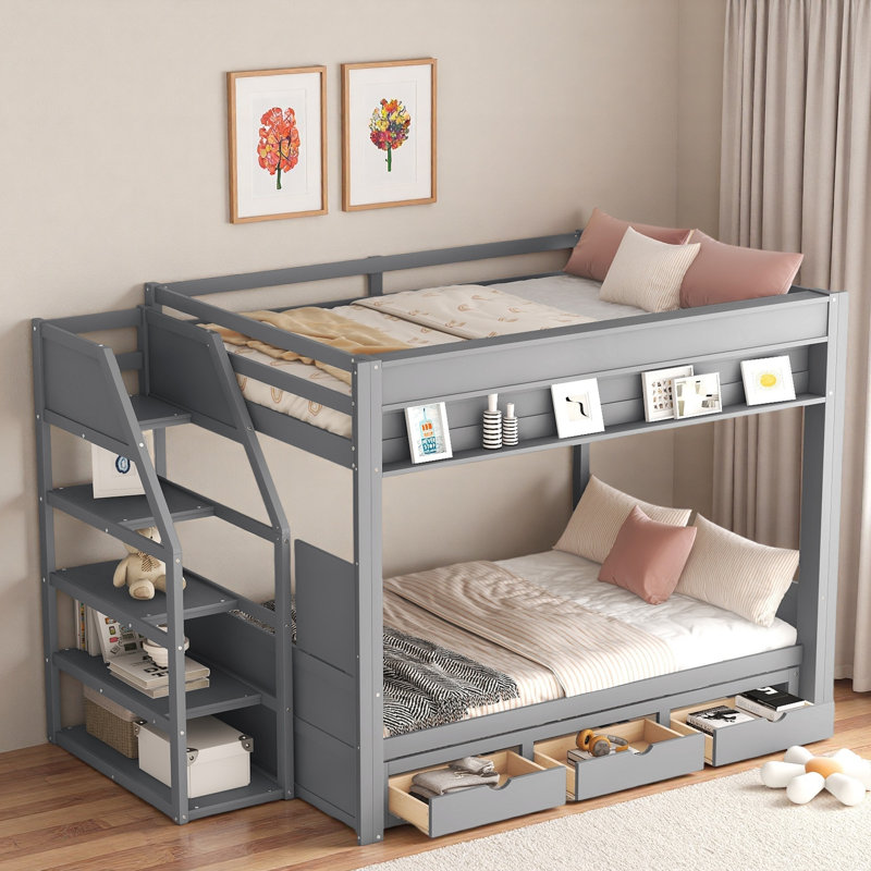 Lit superposé convertible avec escalier de rangement, table de chevet et 3 tiroirs, Gris