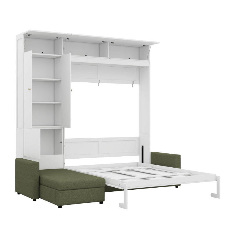 Grand lit escamotable avec canapé attaché et compartiments de rangement intégrés, Blanc/vert