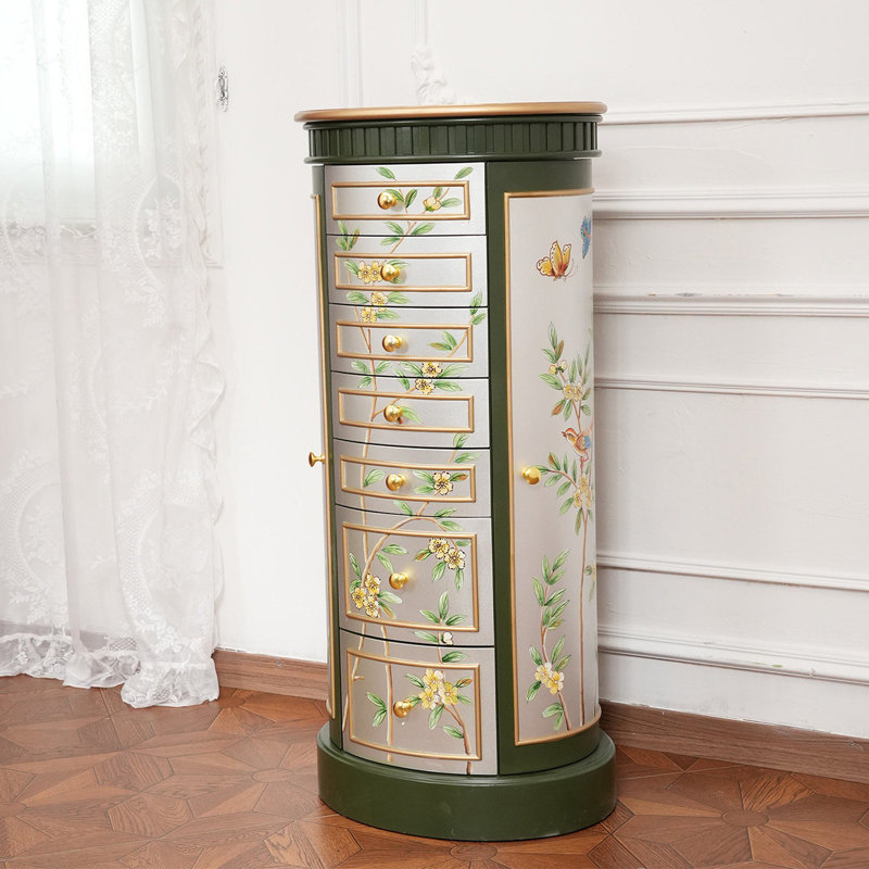 Armoire à bijoux autoportante en bois massif American Retro avec miroir rabattable et plusieurs tiroirs