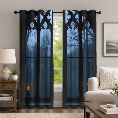 2Pcs Gothic Arch Window Curtains, Dark Forest and Candlelight Scene Print, Mysterious Night Landscape Art Grommet Drapes, Window Treatment for Bedroom Living Room Decor