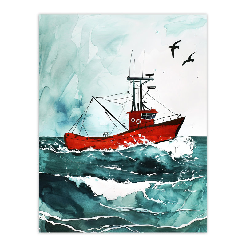 Fishing Boat at Sea Nautical Watercolour Wall Art Print