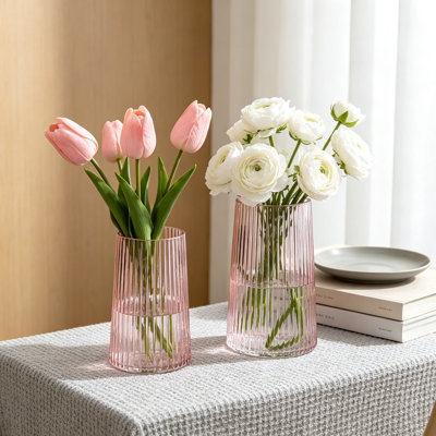 Ensemble de 2 vases à fleurs en verre côtelé, vases roses pour bouquets, vases décoratifs modernes pour salon, chambre à coucher, table à manger, bureau, centres de mariage, moyen et grand